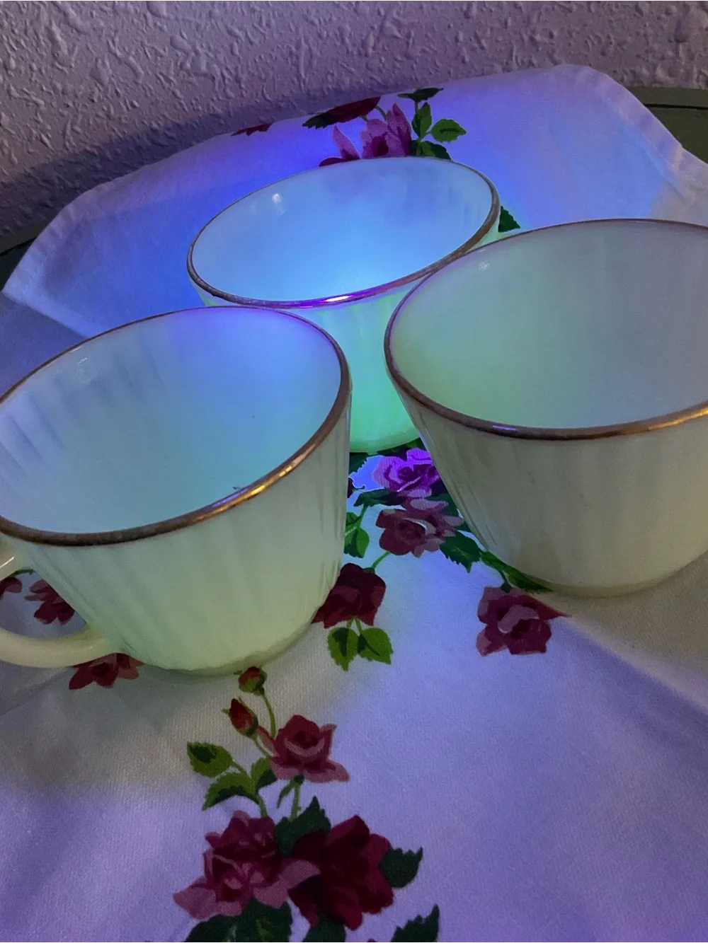 Uranium Milk Glass Vintage Set of 3 Cup Mug Paneled Coffee Tea